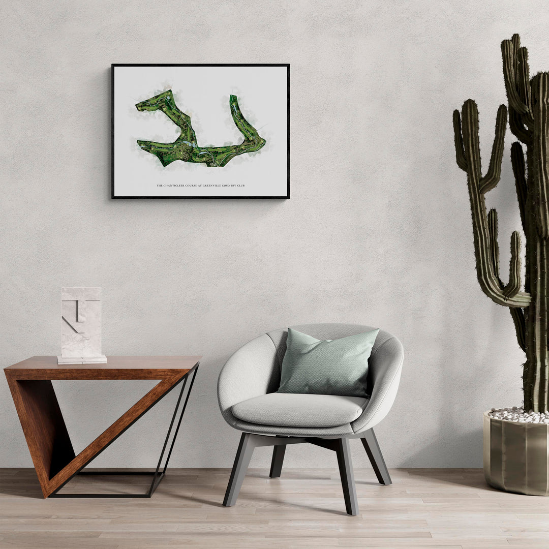 Classic Map of The Chanticleer Course At Greenville Country Club in a living room with large cactus plant