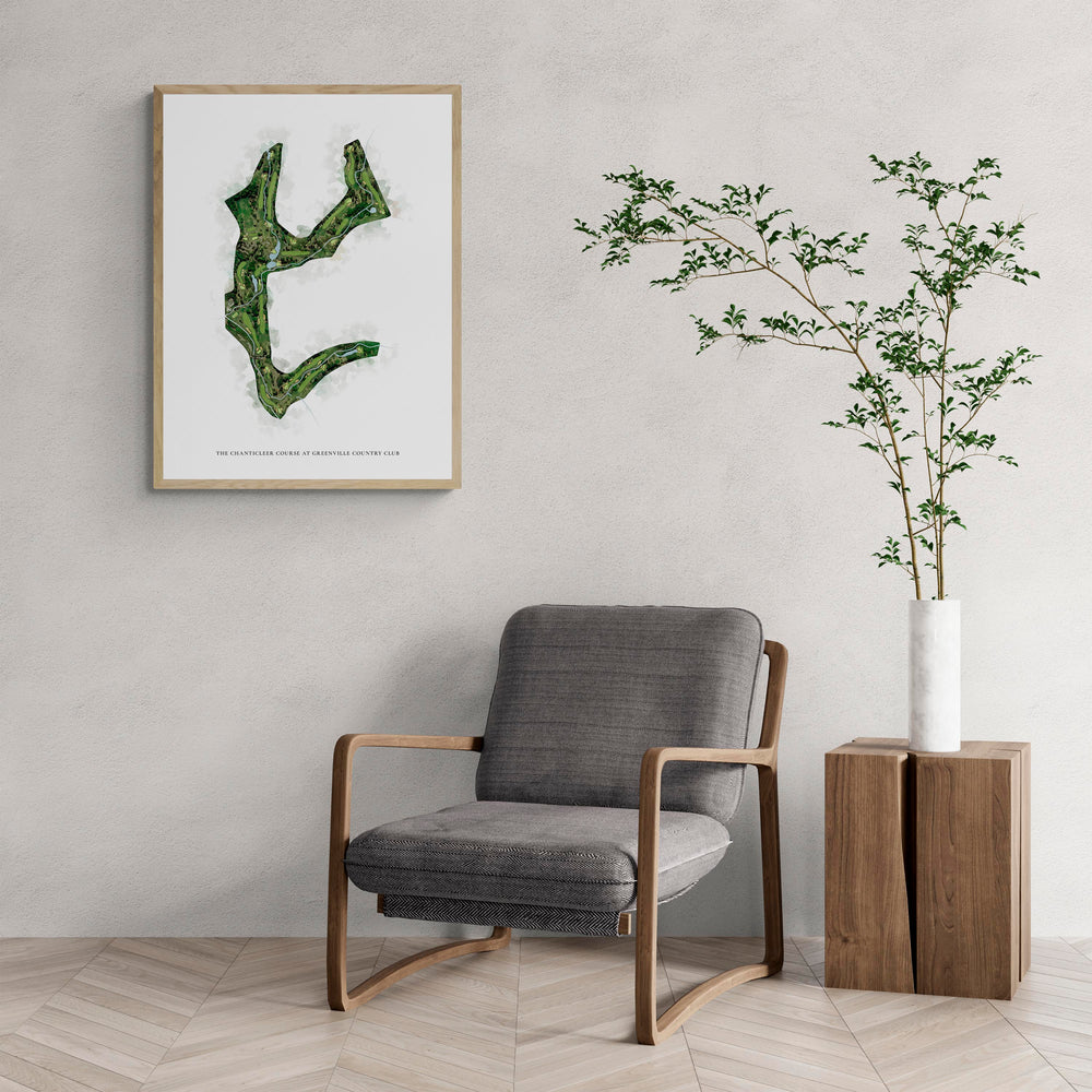 Classic Map of The Chanticleer Course At Greenville Country Club with a comfy armchair and large plant