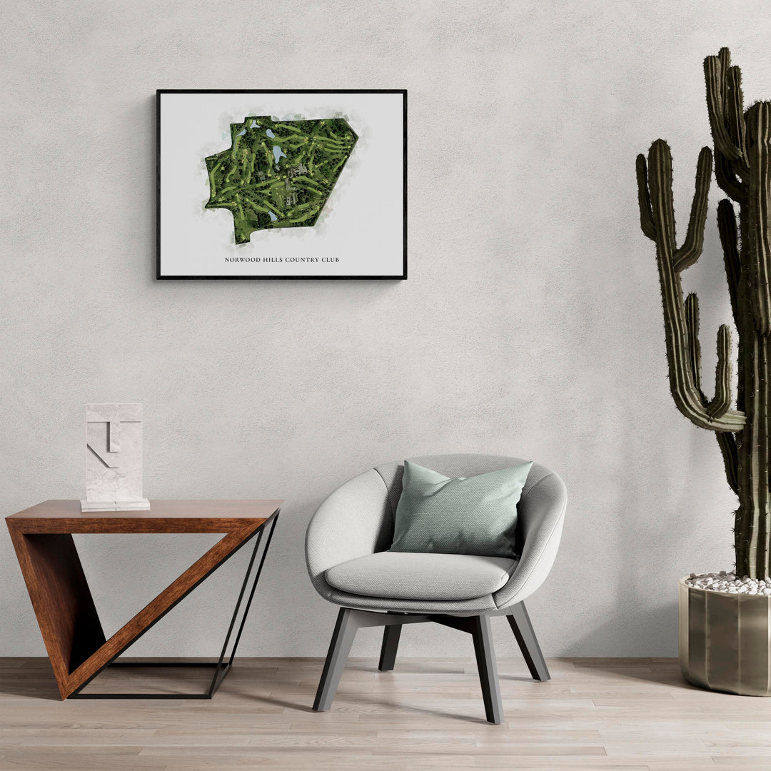 Classic Map of Norwood Hills Country Club in a living room with large cactus plant