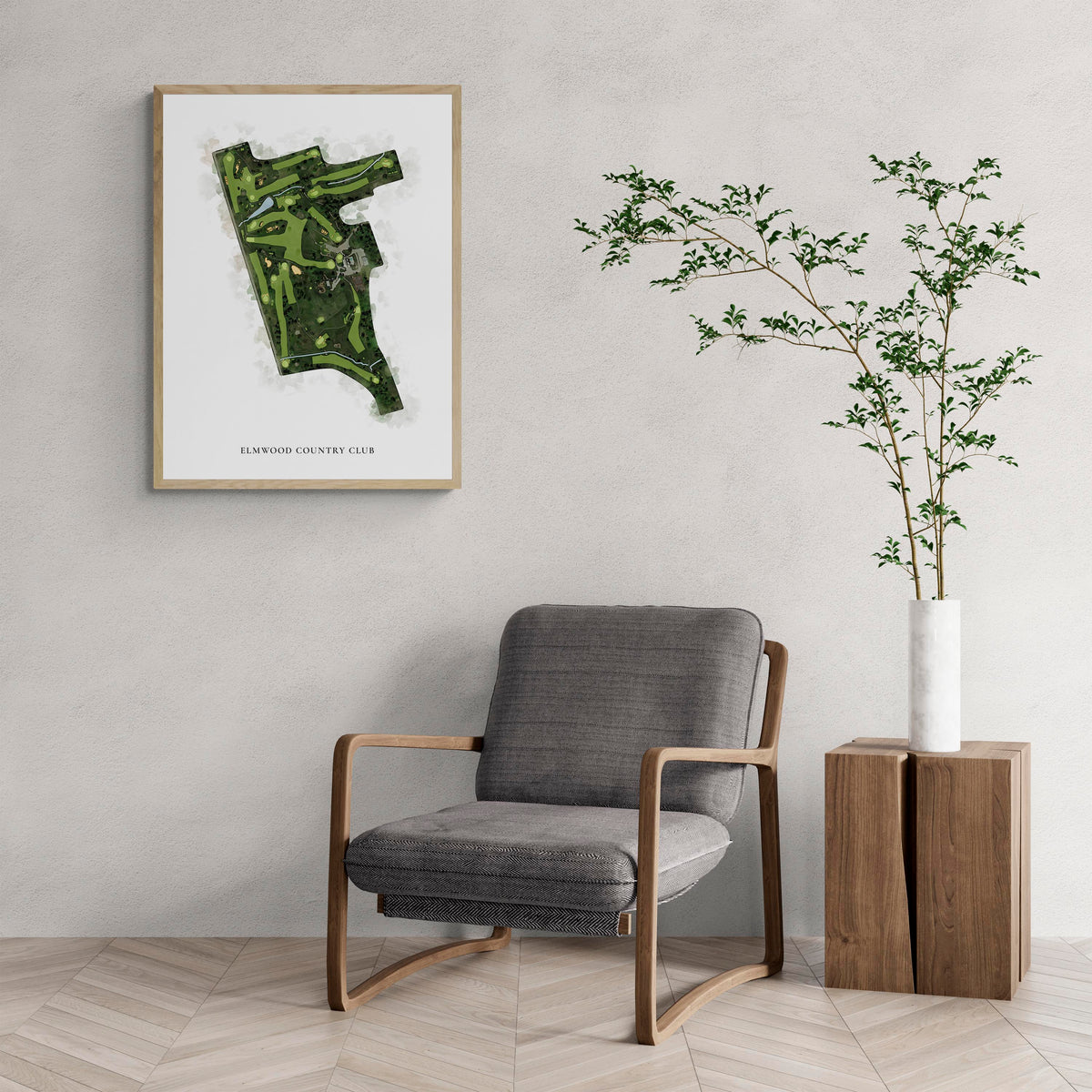Classic Map of Elmwood Country Club with a comfy armchair and large plant