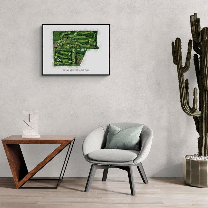 Classic Map of Royal Ashburn Golf Club in a living room with large cactus plant