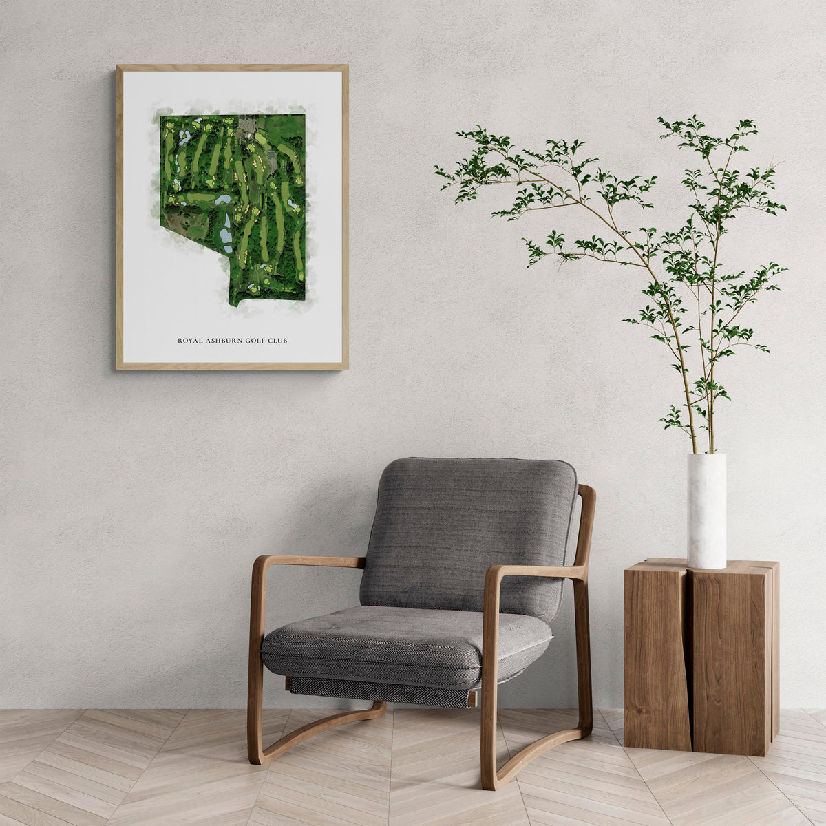 Classic Map of Royal Ashburn Golf Club with a comfy armchair and large plant