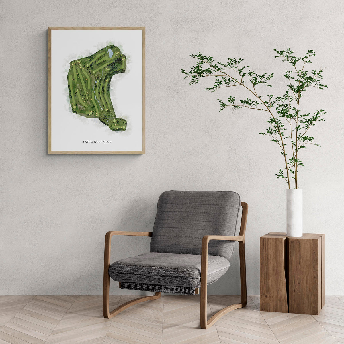 Classic Map of Ranic Golf Club with a comfy armchair and large plant