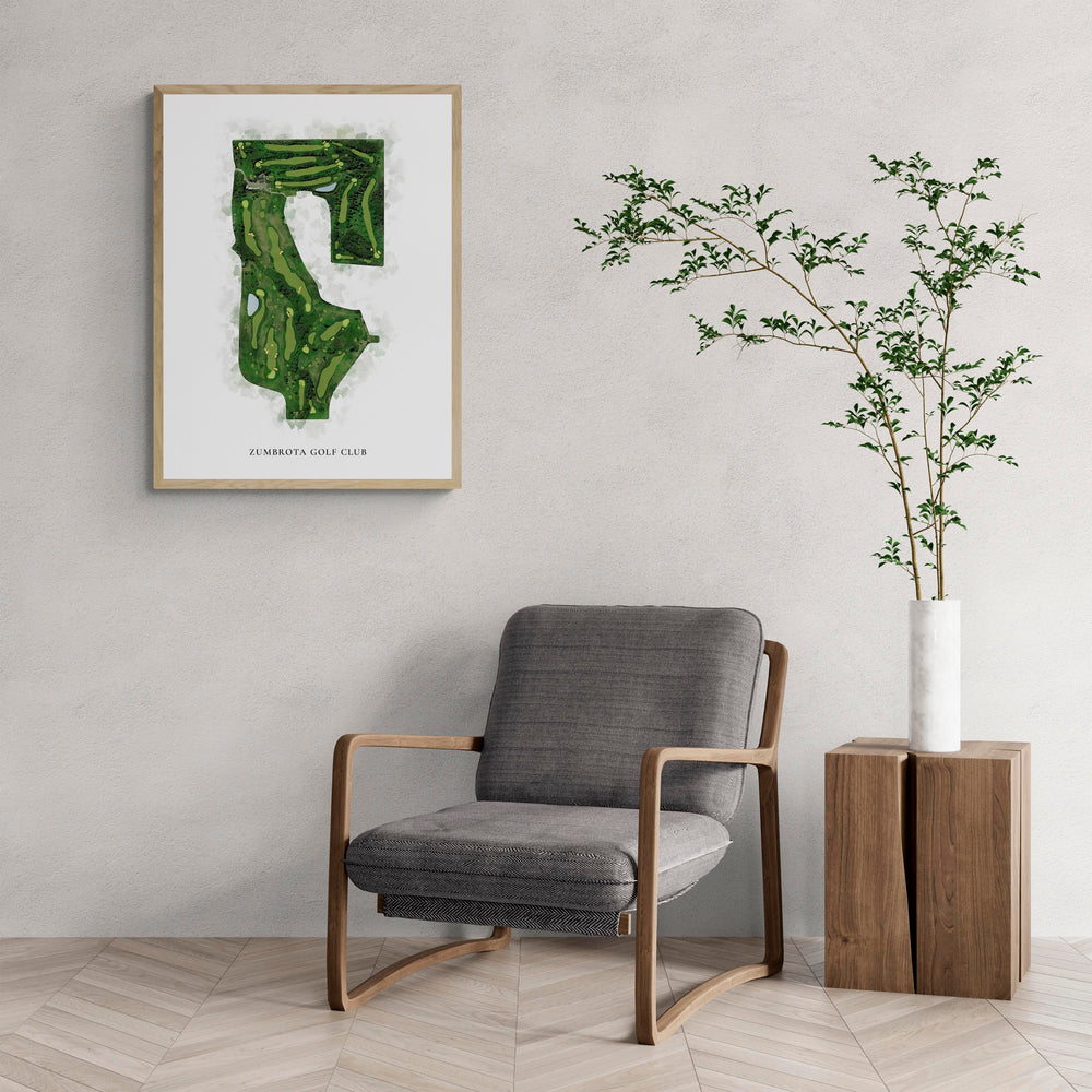 Classic Map of Zumbrota Golf Club with a comfy armchair and large plant