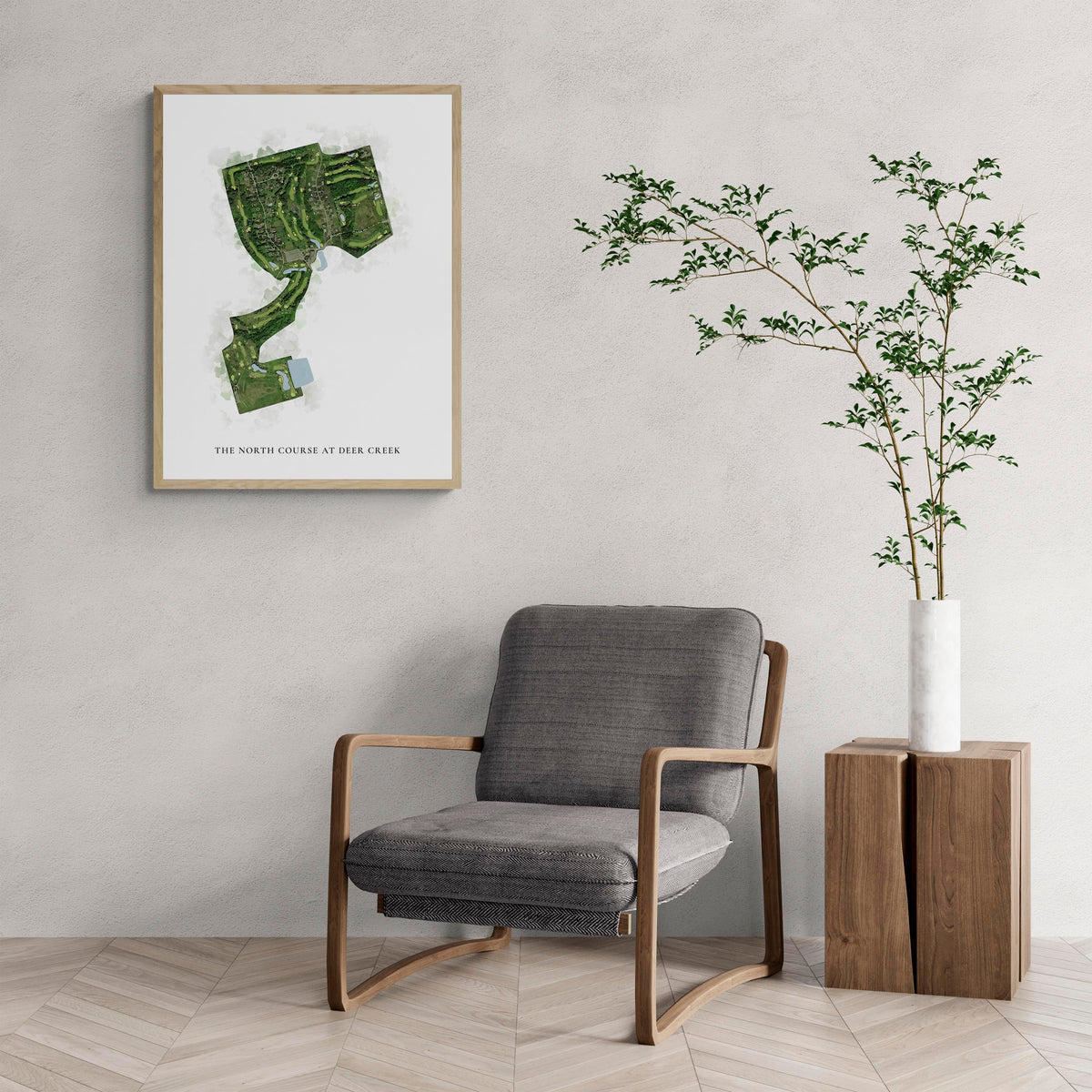 Classic Map of The North Course At Deer Creek with a comfy armchair and large plant