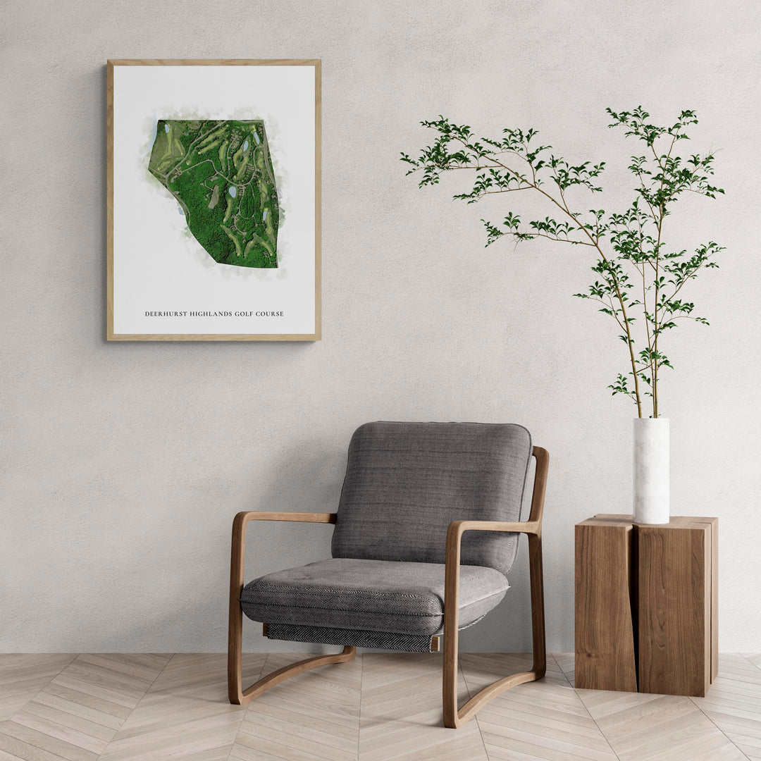 Classic Map of Deerhurst Highlands Golf Course with a comfy armchair and large plant