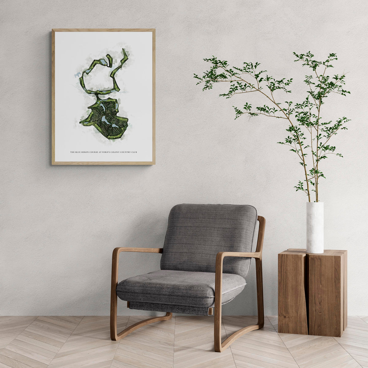 Classic Map of The Blue Heron Course At Ford'S Colony Country Club with a comfy armchair and large plant