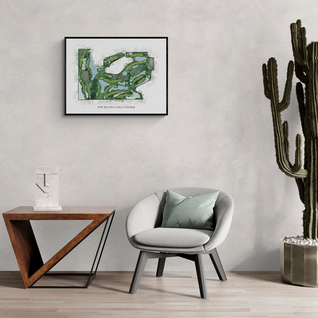 Classic Map of The Bluffs Golf Course in a living room with large cactus plant