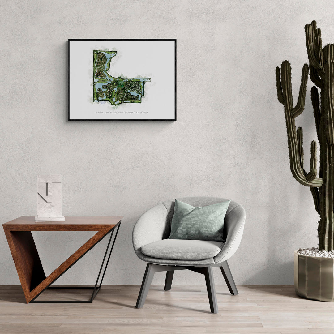 Classic Map of The Silver Fox Course At Trump National Doral Miami in a living room with large cactus plant