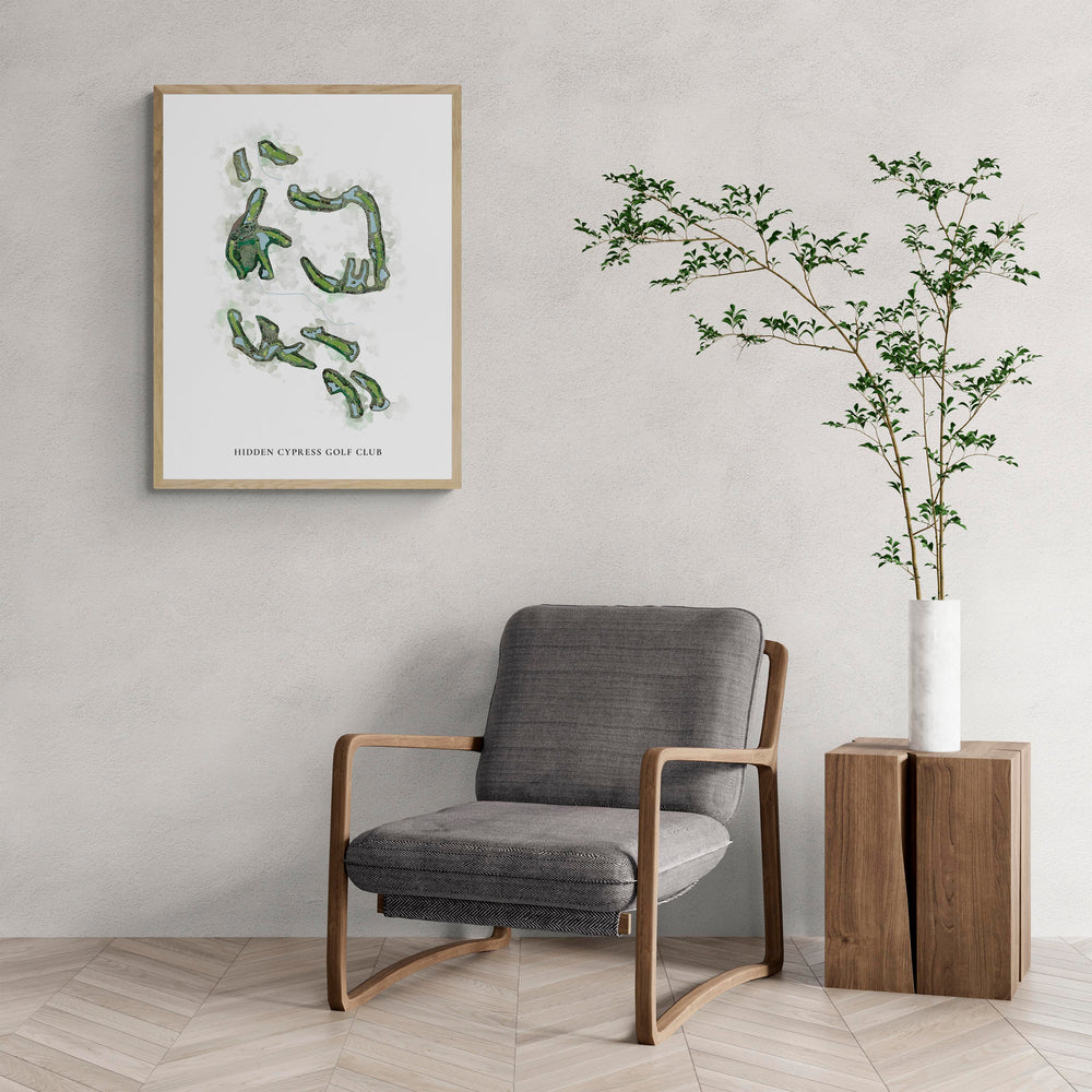 Classic Map of Hidden Cypress Golf Club with a comfy armchair and large plant