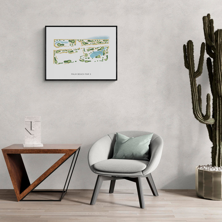 Modern Map of Palm Beach Par 3 in a living room with large cactus plant