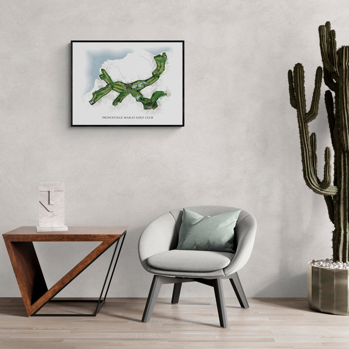 Classic Map of Princeville Makai Golf Club in a living room with large cactus plant