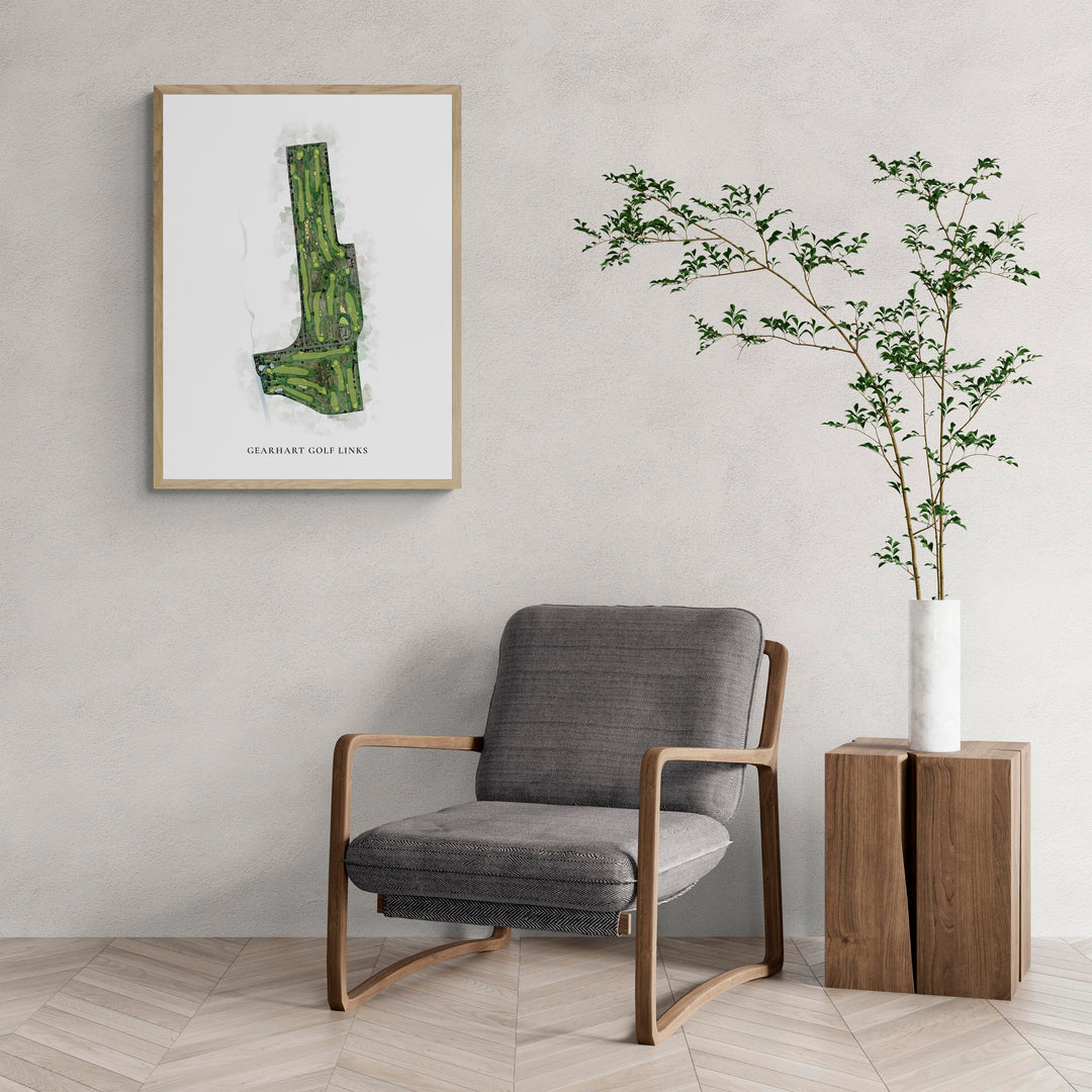Classic Map of Gearhart Golf Links with a comfy armchair and large plant