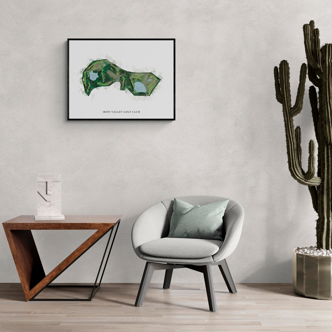 Classic Map of Iron Valley Golf Club in a living room with large cactus plant