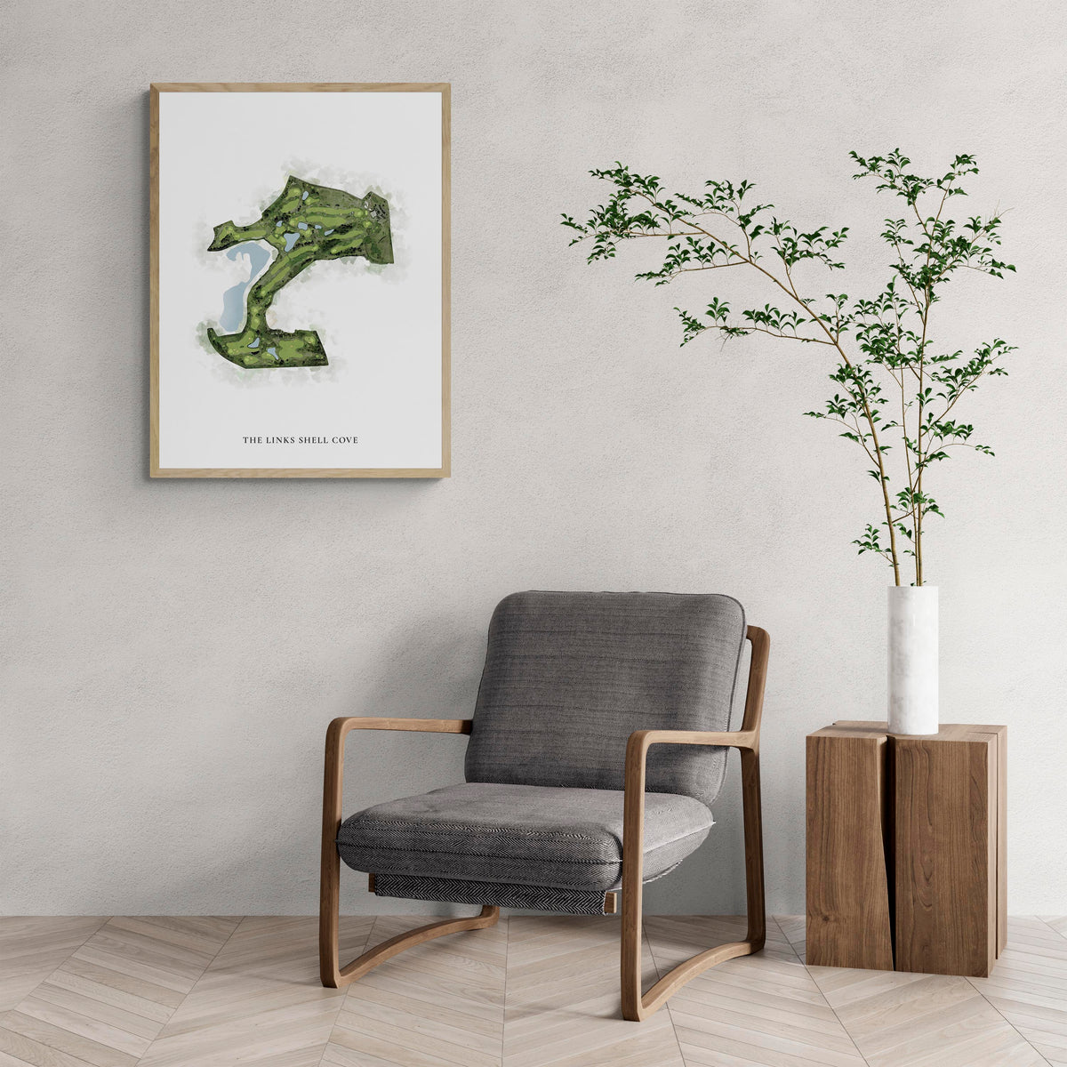Classic Map of The Links Shell Cove with a comfy armchair and large plant