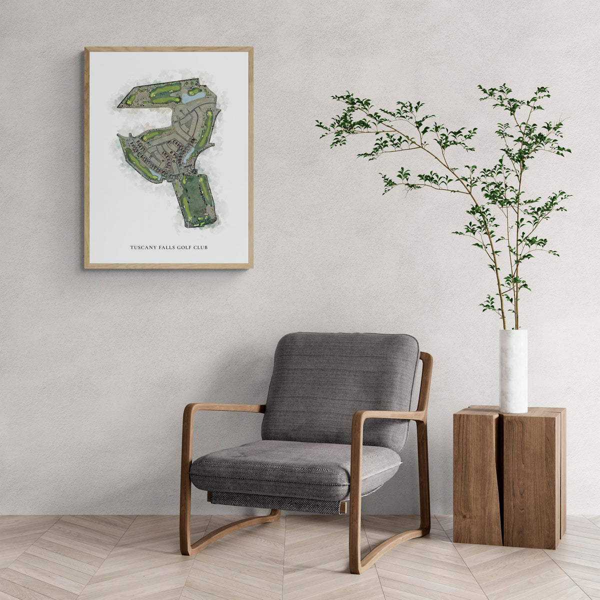 Classic Map of Tuscany Falls Golf Club with a comfy armchair and large plant