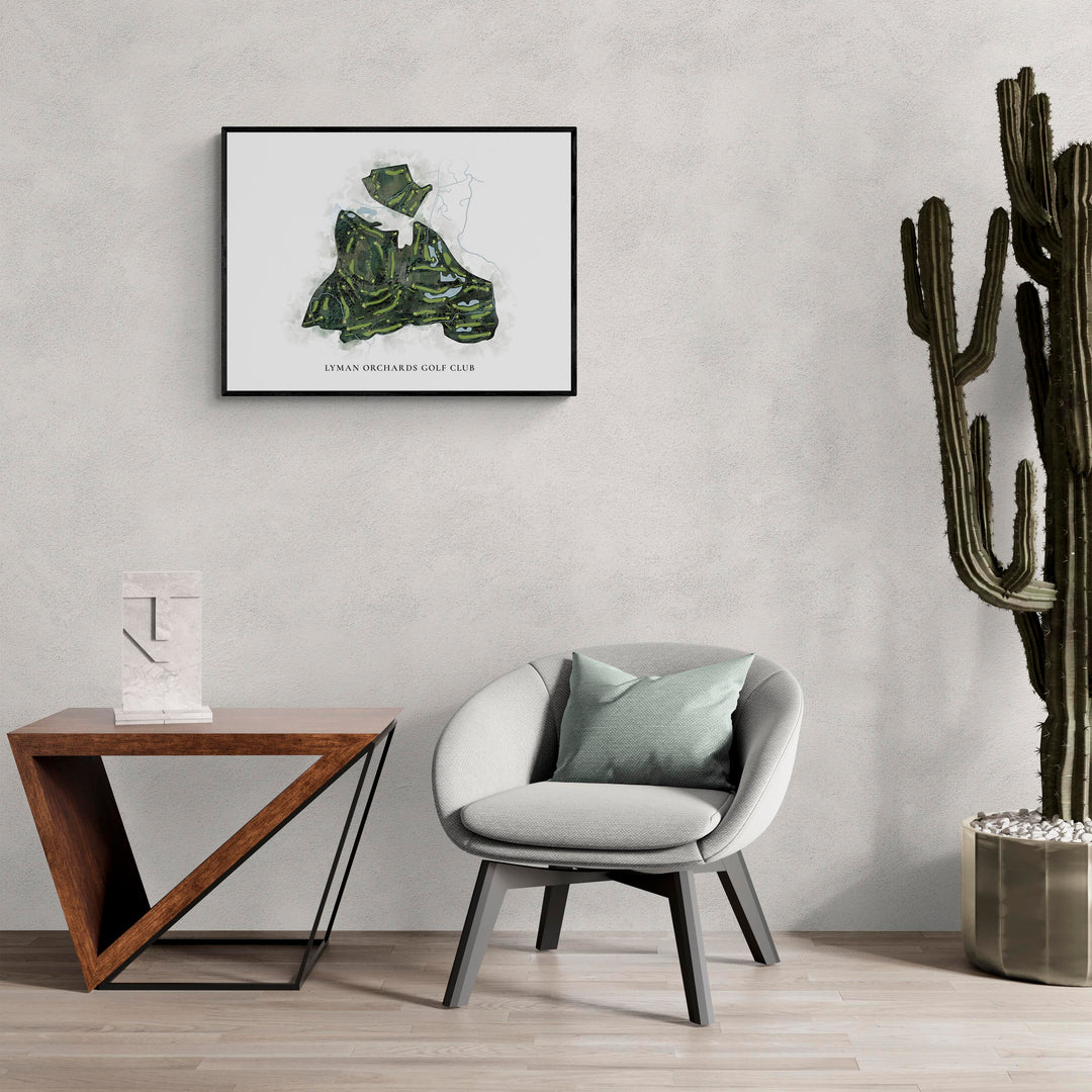 Classic Map of Lyman Orchards Golf Club in a living room with large cactus plant