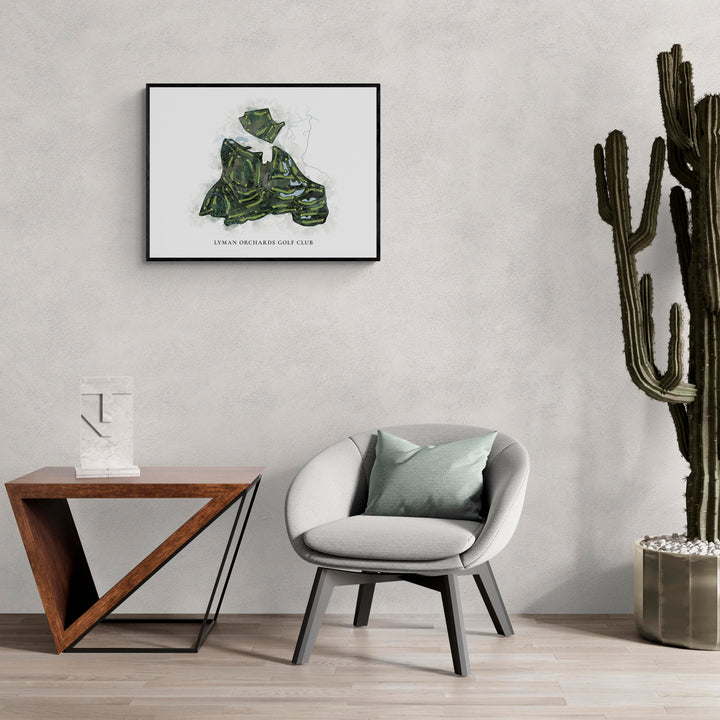 Classic Map of Lyman Orchards Golf Club in a living room with large cactus plant
