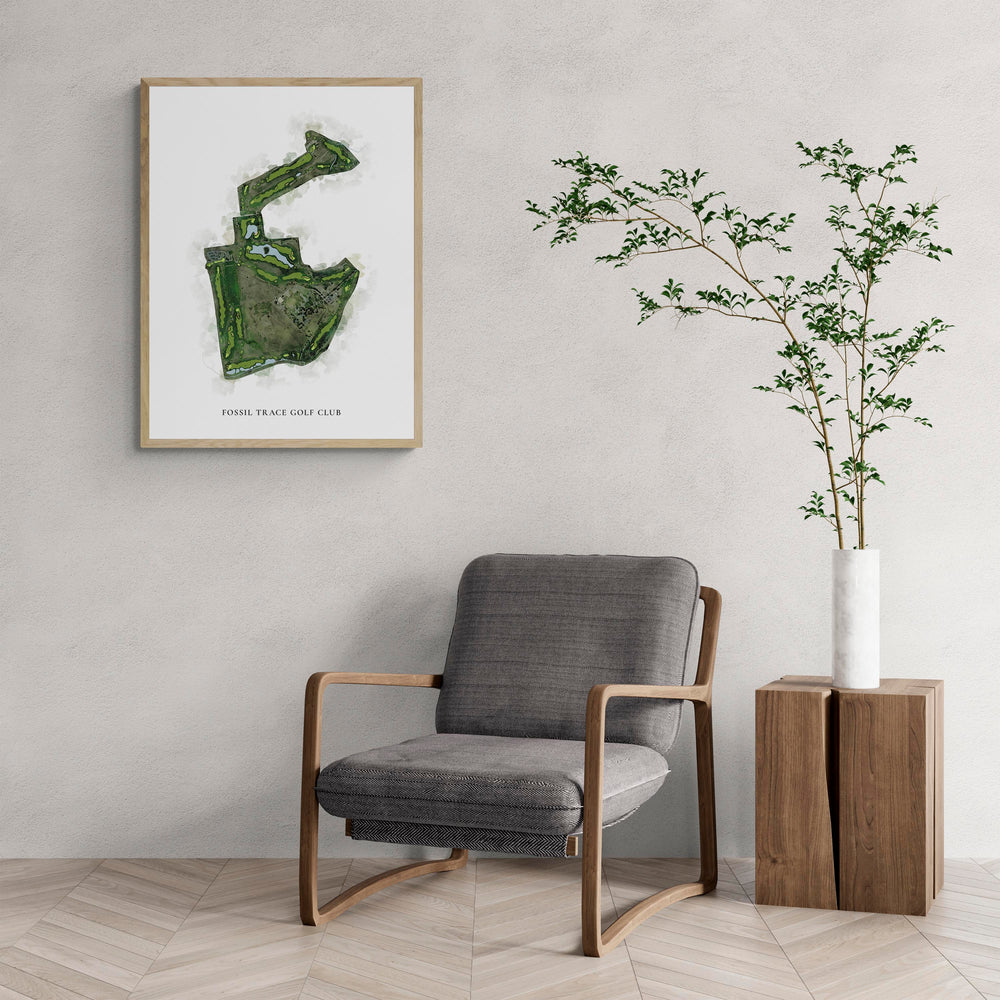 Classic Map of Fossil Trace Golf Club with a comfy armchair and large plant