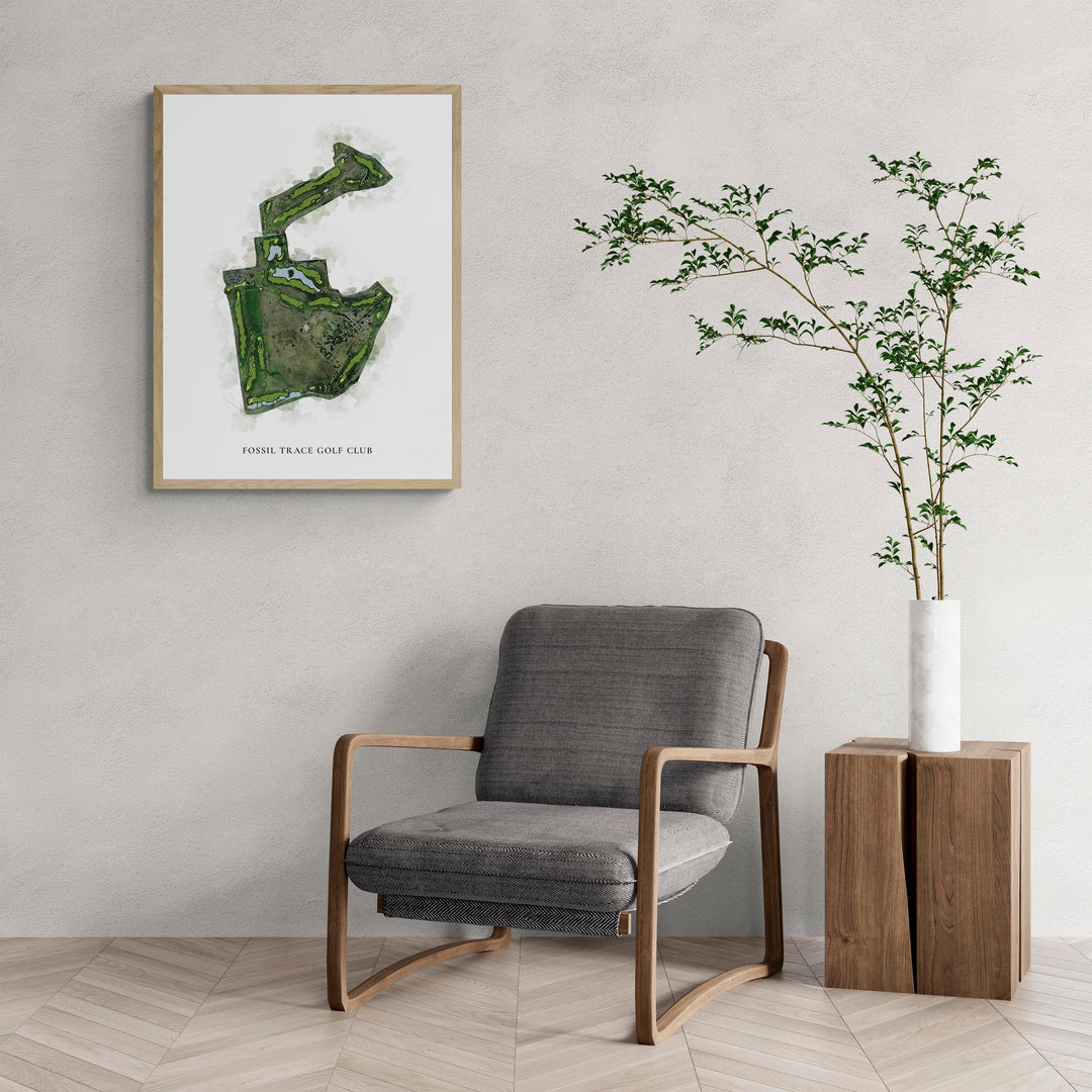 Classic Map of Fossil Trace Golf Club with a comfy armchair and large plant