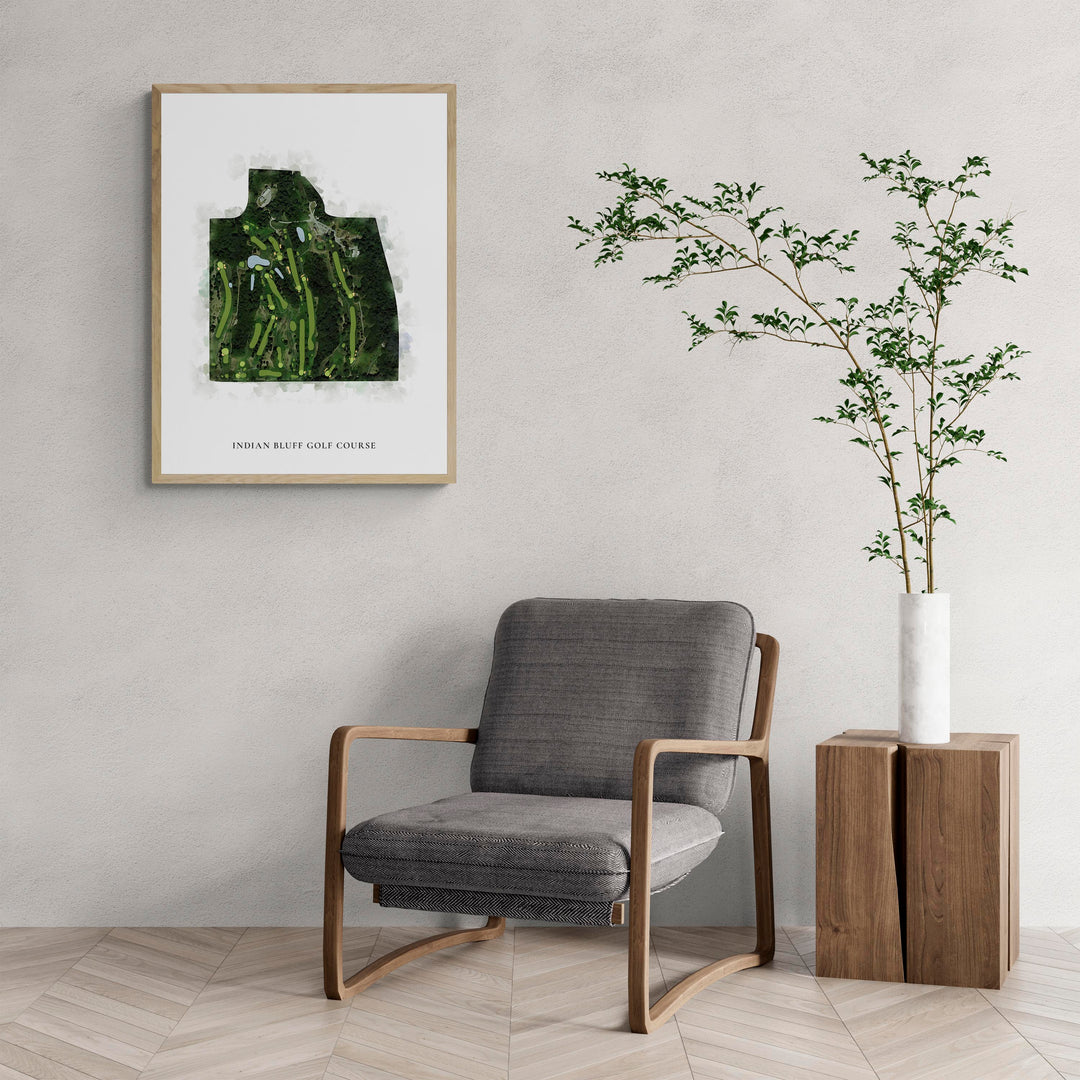 Classic Map of Indian Bluff Golf Course with a comfy armchair and large plant