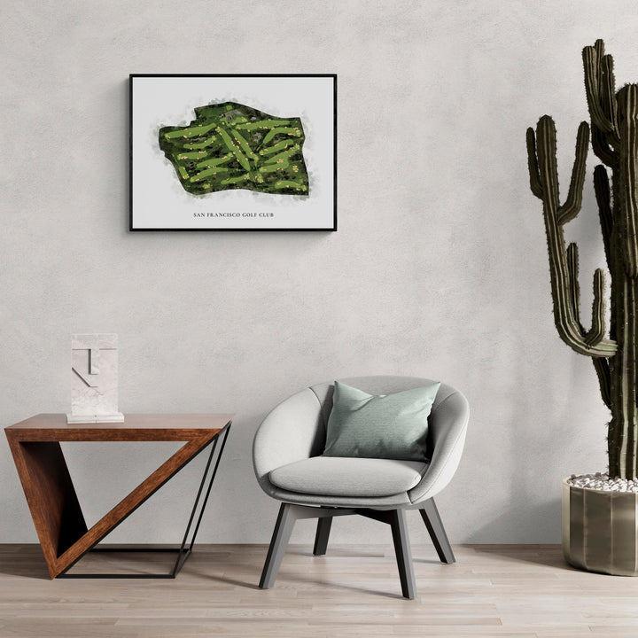 Classic Map of San Francisco Golf Club in a living room with large cactus plant
