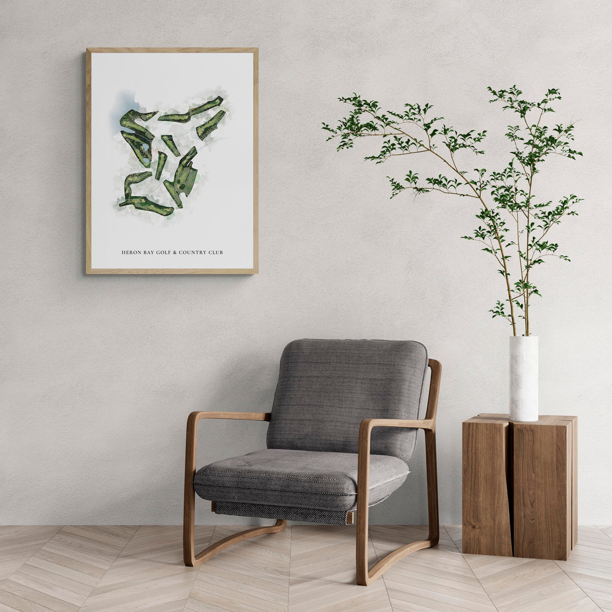 Classic Map of Heron Bay Golf & Country Club with a comfy armchair and large plant