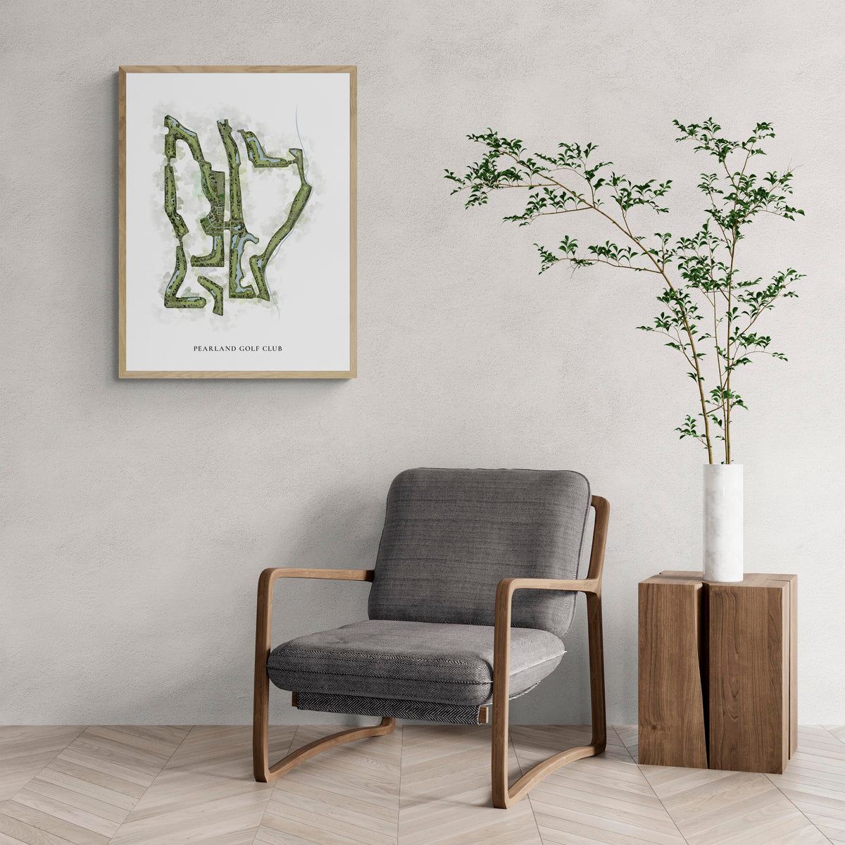 Classic Map of Pearland Golf Club with a comfy armchair and large plant