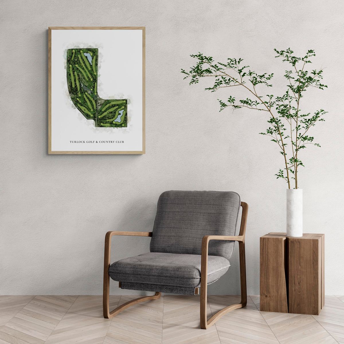 Classic Map of Turlock Golf & Country Club with a comfy armchair and large plant