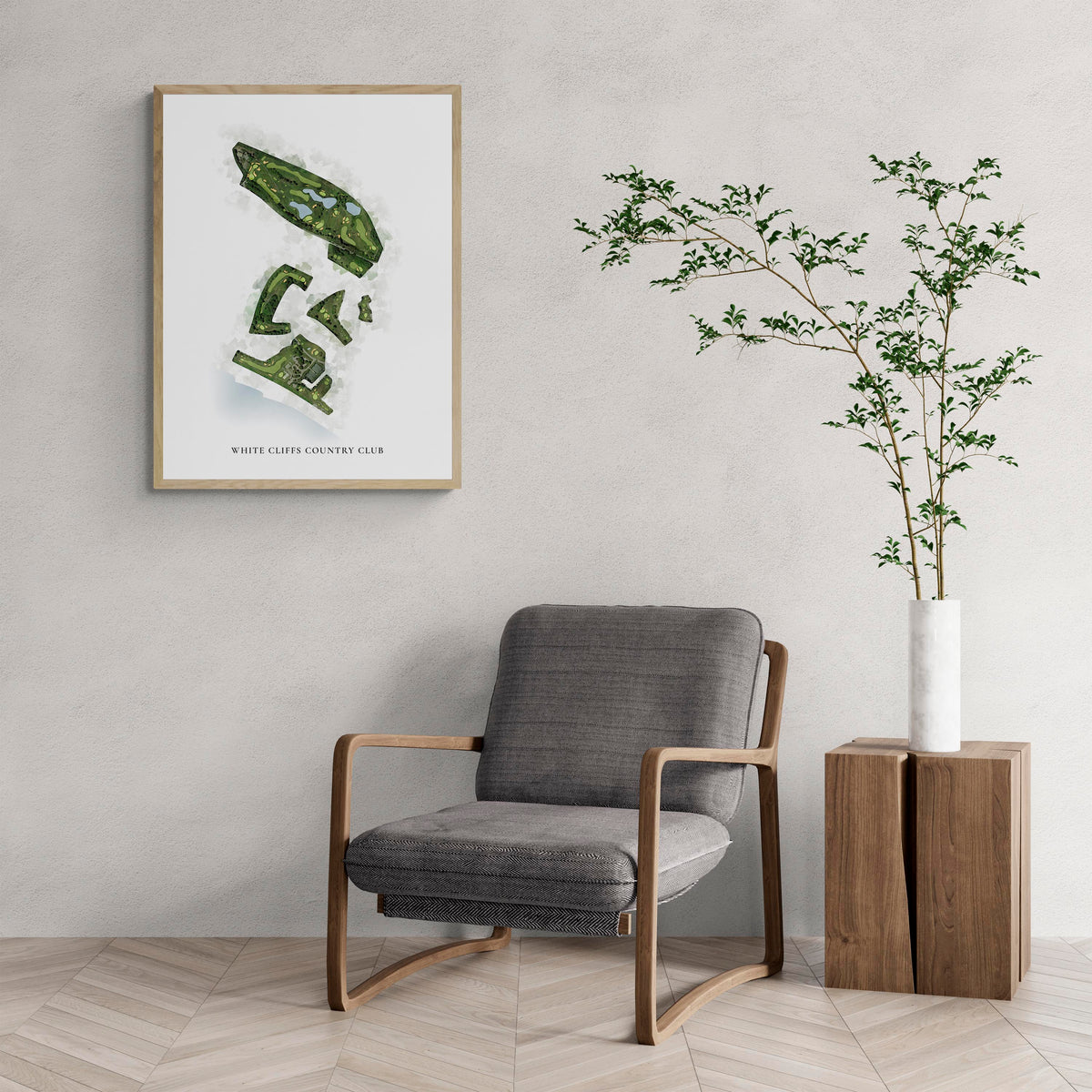Classic Map of White Cliffs Country Club with a comfy armchair and large plant