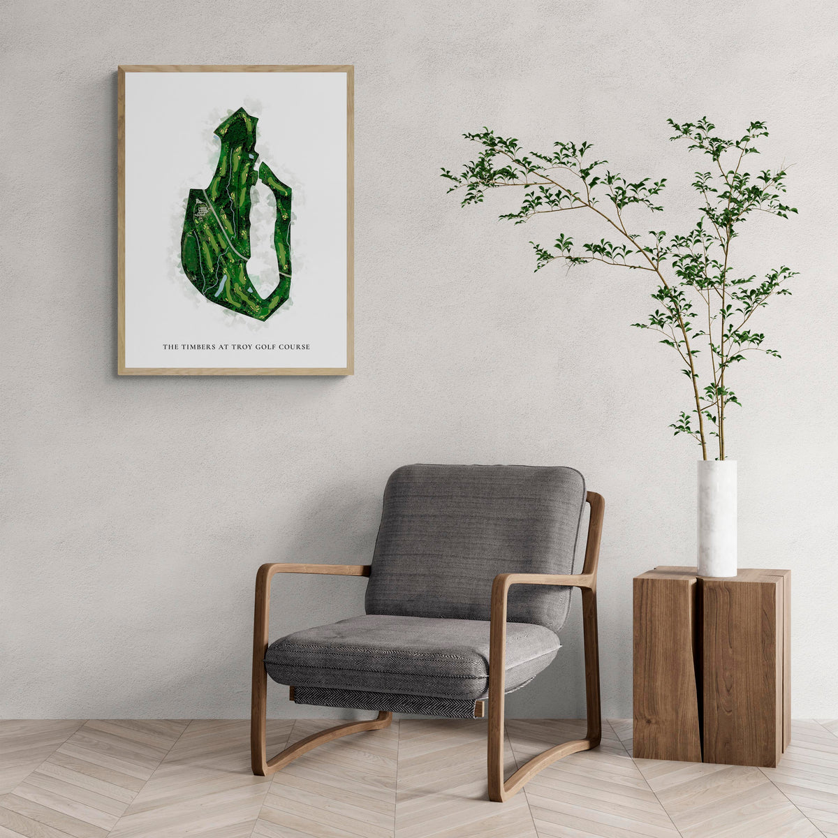 Classic Map of The Timbers At Troy Golf Course with a comfy armchair and large plant