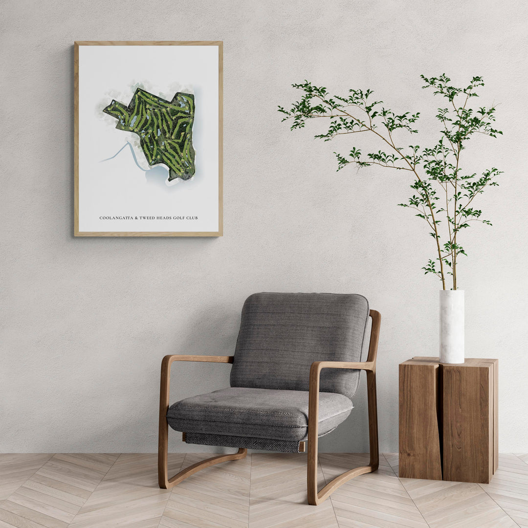 Classic Map of Coolangatta & Tweed Heads Golf Club with a comfy armchair and large plant