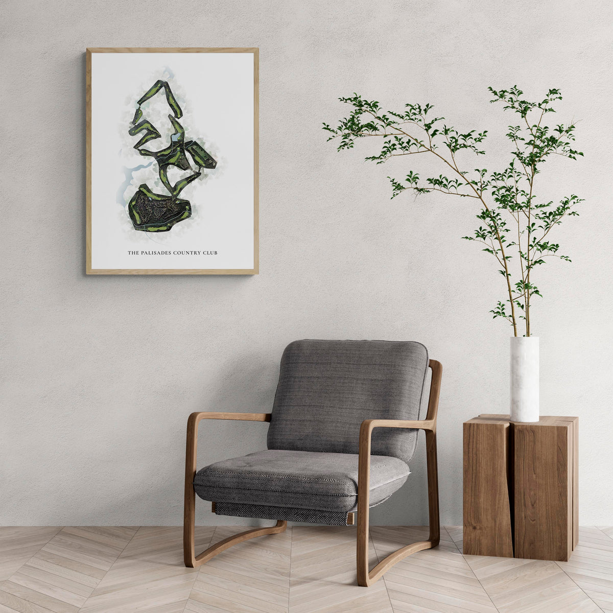 Classic Map of The Palisades Country Club with a comfy armchair and large plant
