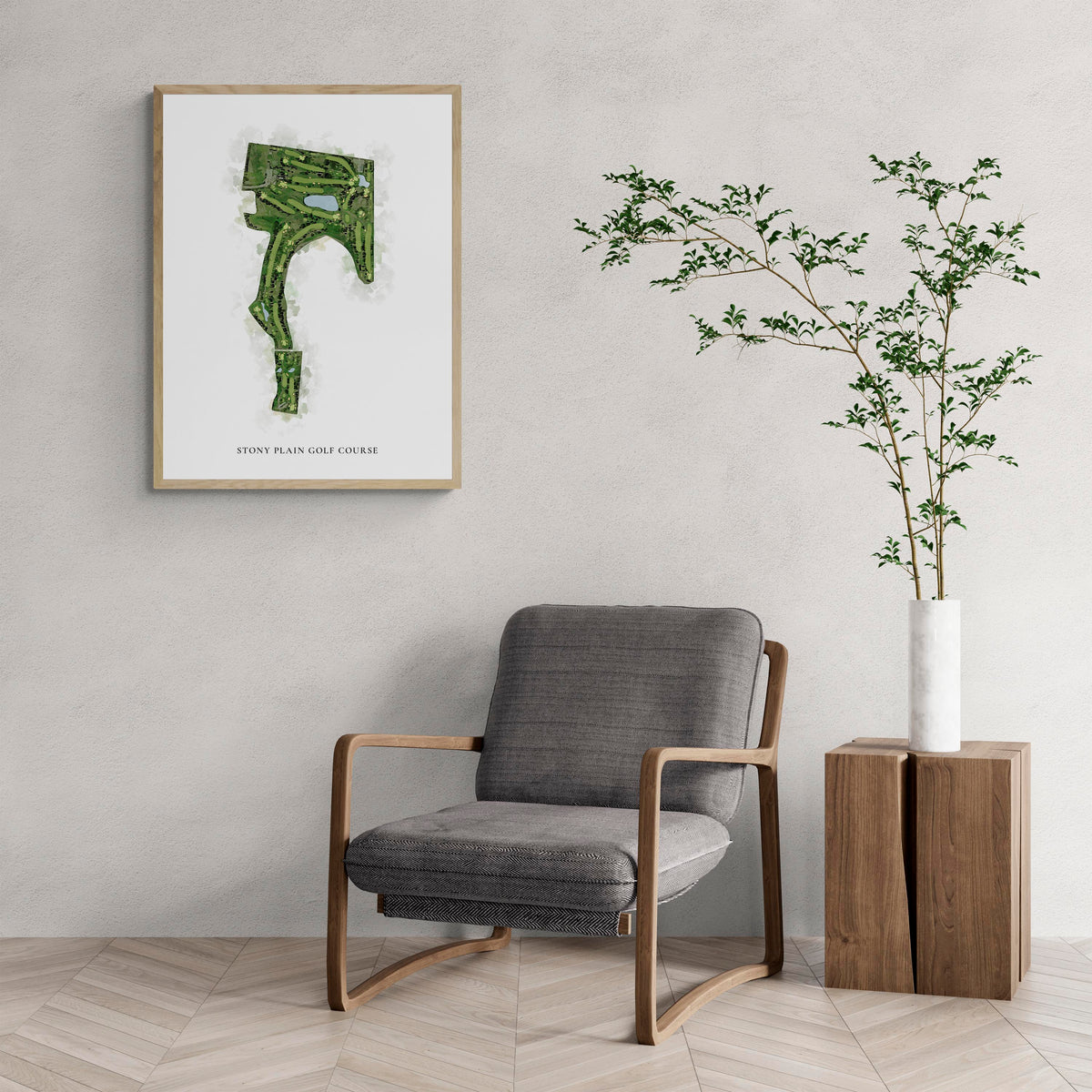 Classic Map of Stony Plain Golf Course with a comfy armchair and large plant