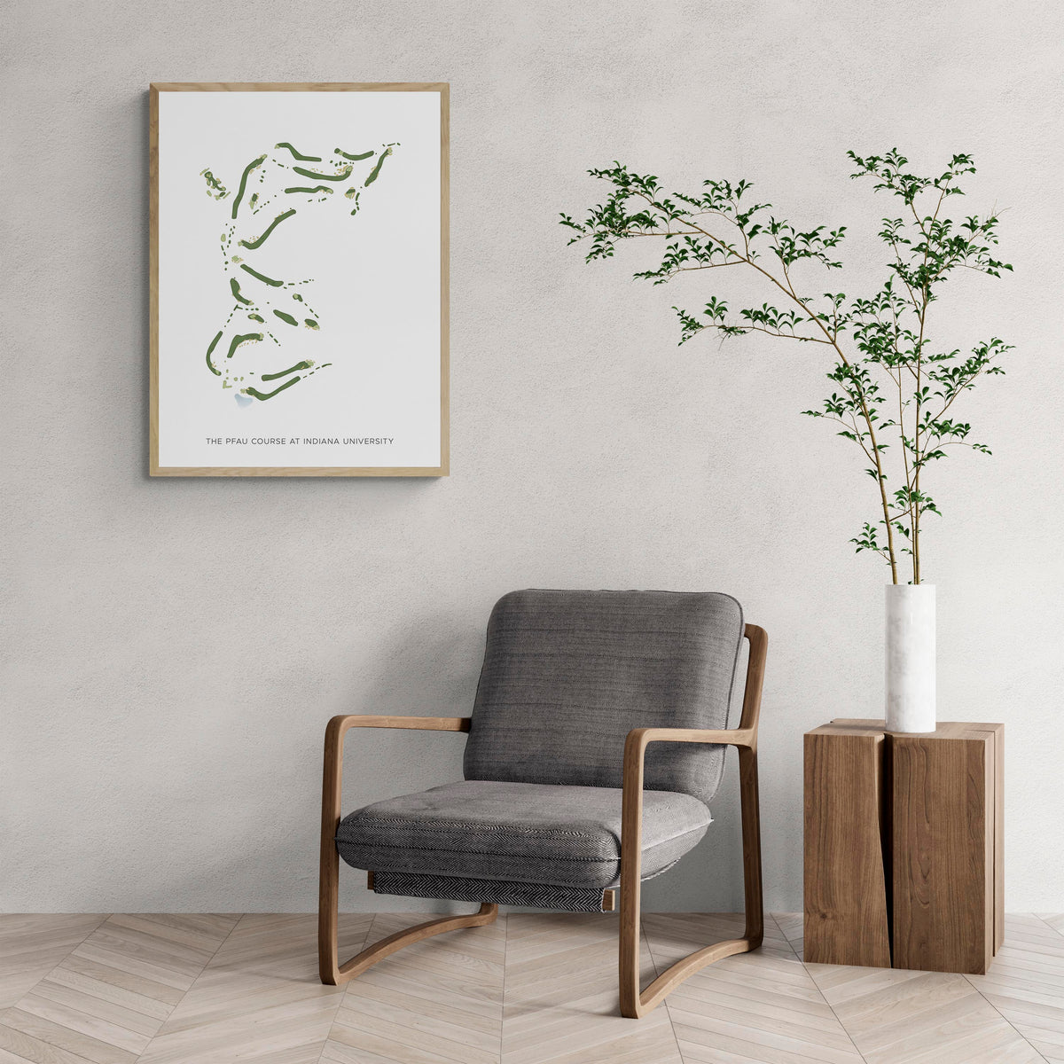 Modern Map of The Pfau Course At Indiana University with a comfy armchair and large plant