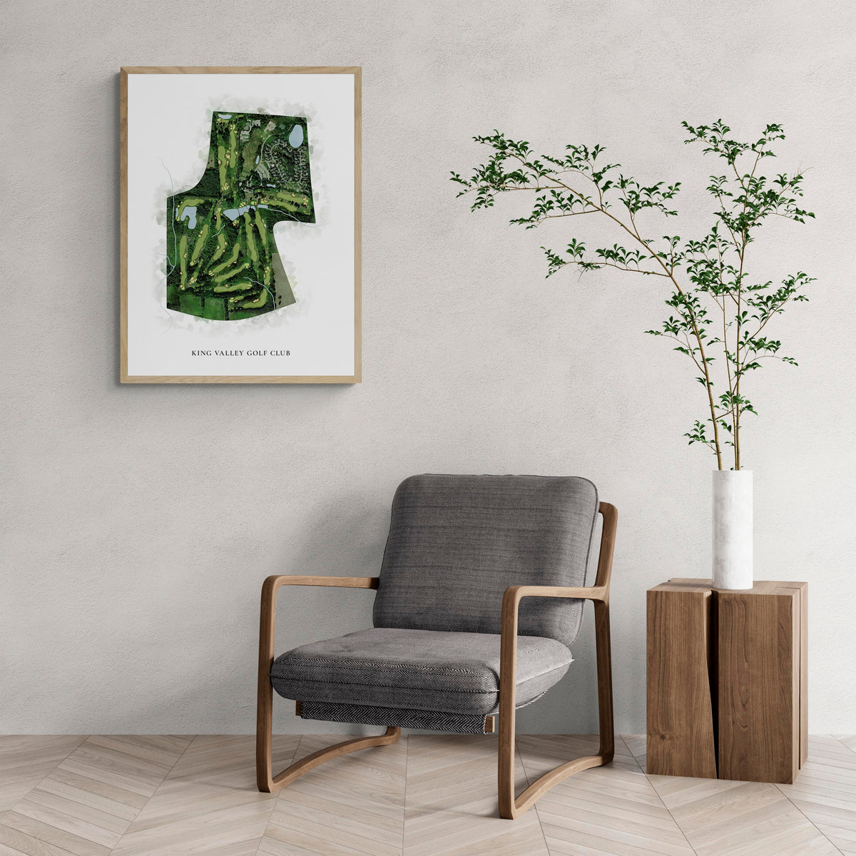 Classic Map of King Valley Golf Club with a comfy armchair and large plant