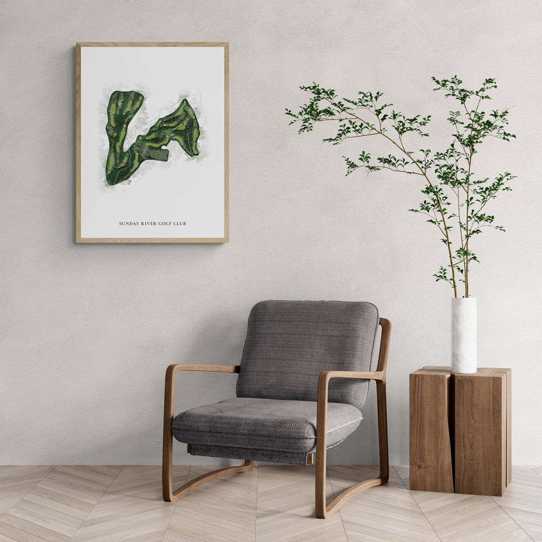 Classic Map of Sunday River Golf Club with a comfy armchair and large plant