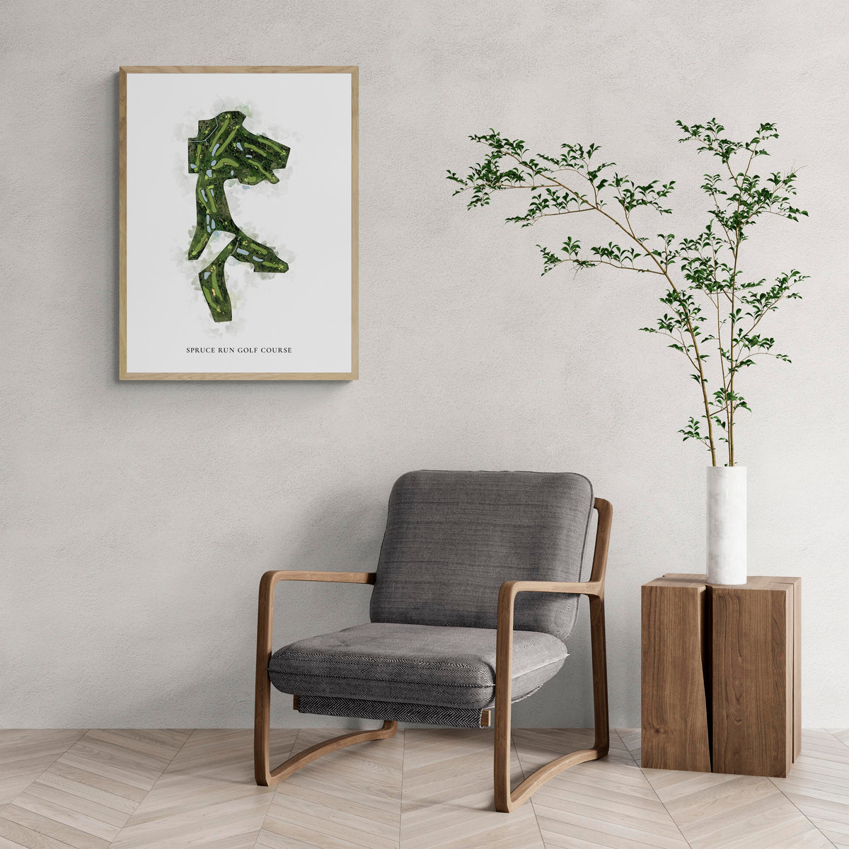 Classic Map of Spruce Run Golf Course with a comfy armchair and large plant