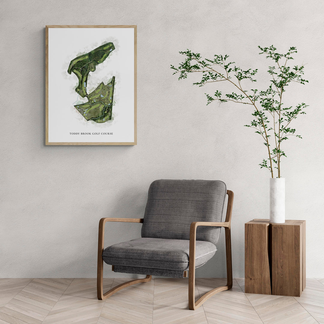 Classic Map of Toddy Brook Golf Course with a comfy armchair and large plant