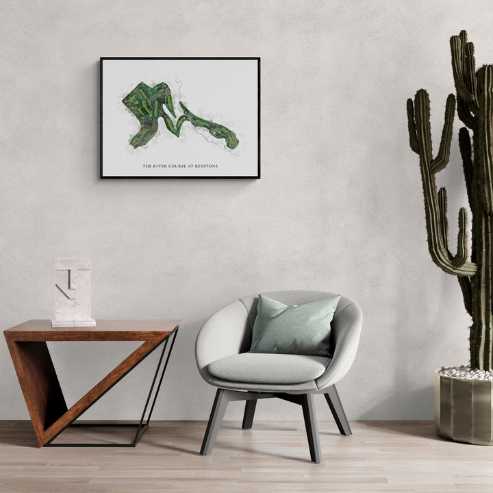 Classic Map of The River Course At Keystone in a living room with large cactus plant