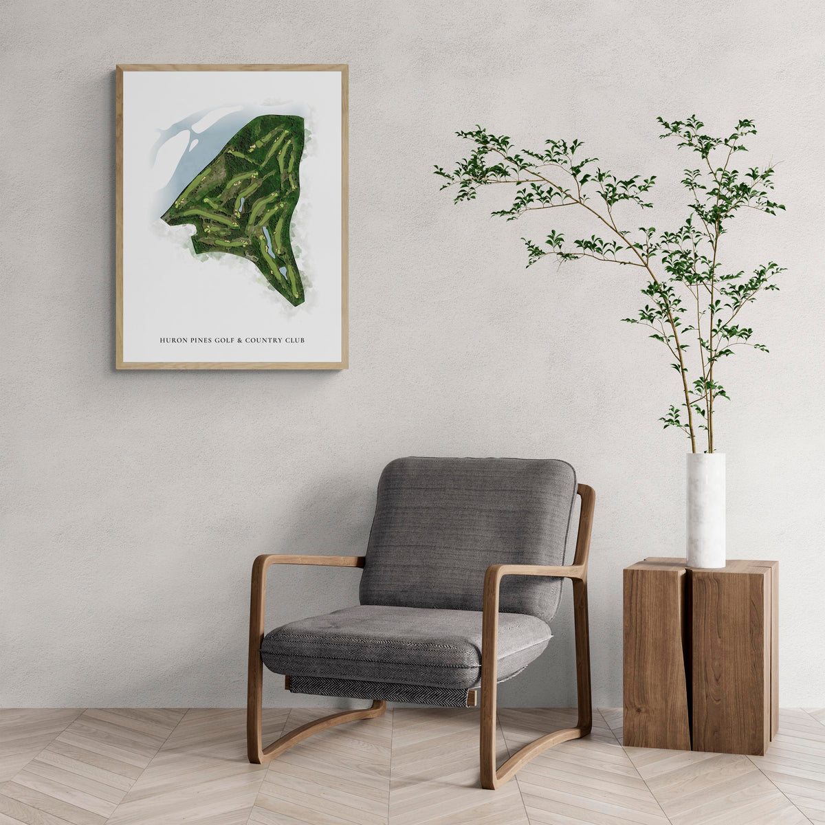 Classic Map of Huron Pines Golf & Country Club with a comfy armchair and large plant