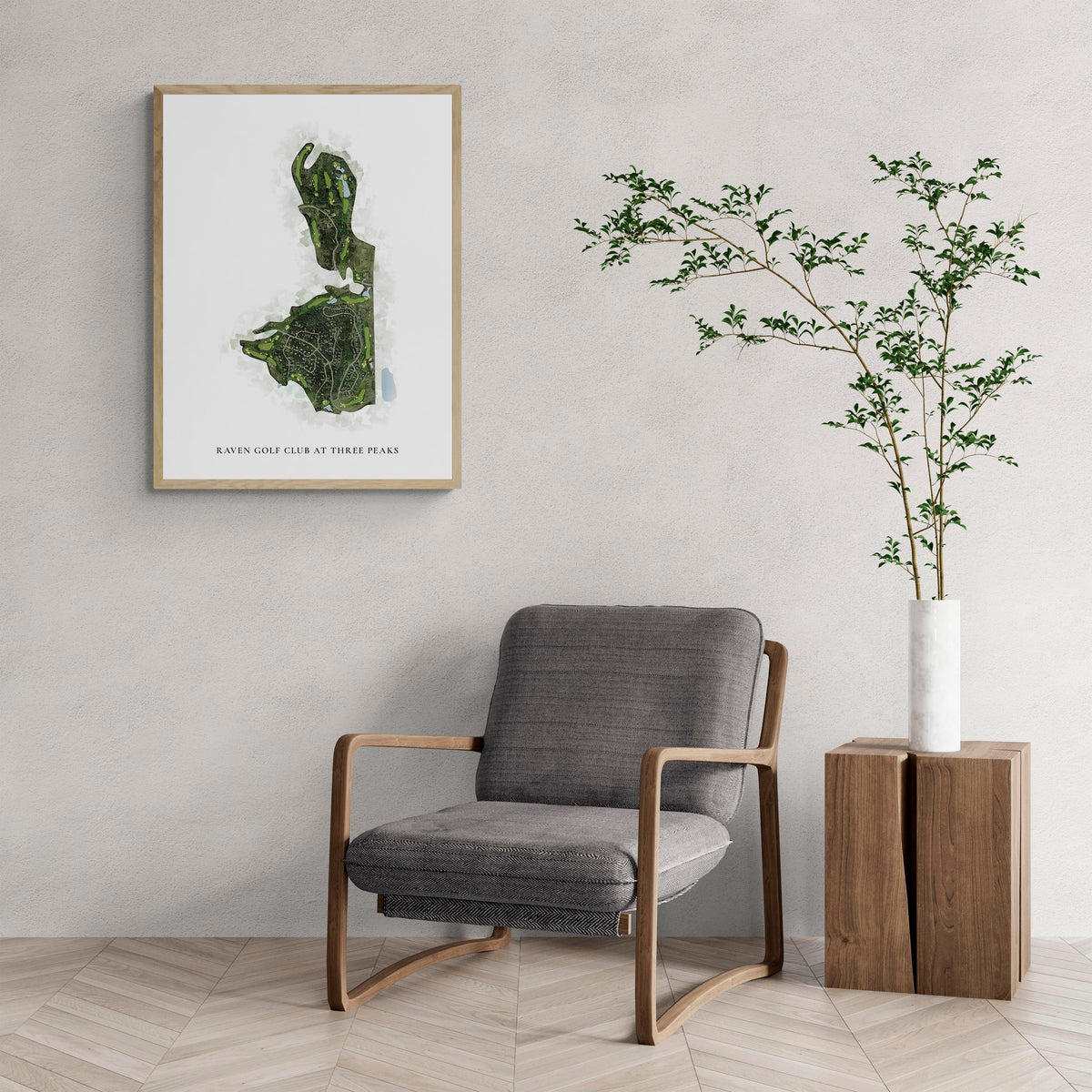 Classic Map of Raven Golf Club At Three Peaks with a comfy armchair and large plant