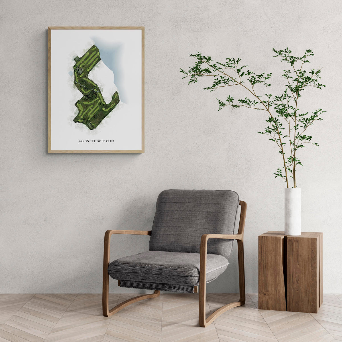 Classic Map of Sakonnet Golf Club with a comfy armchair and large plant