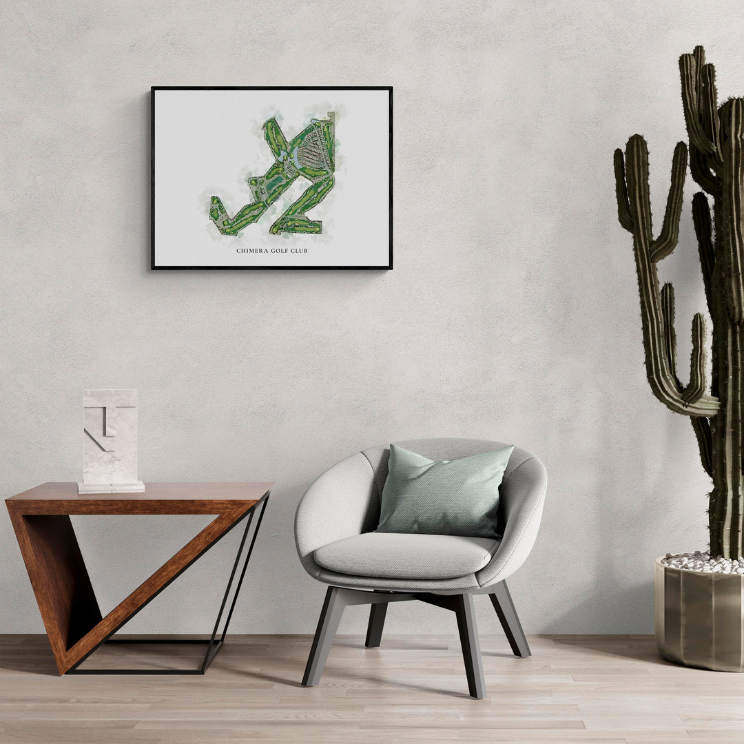 Classic Map of Chimera Golf Club in a living room with large cactus plant