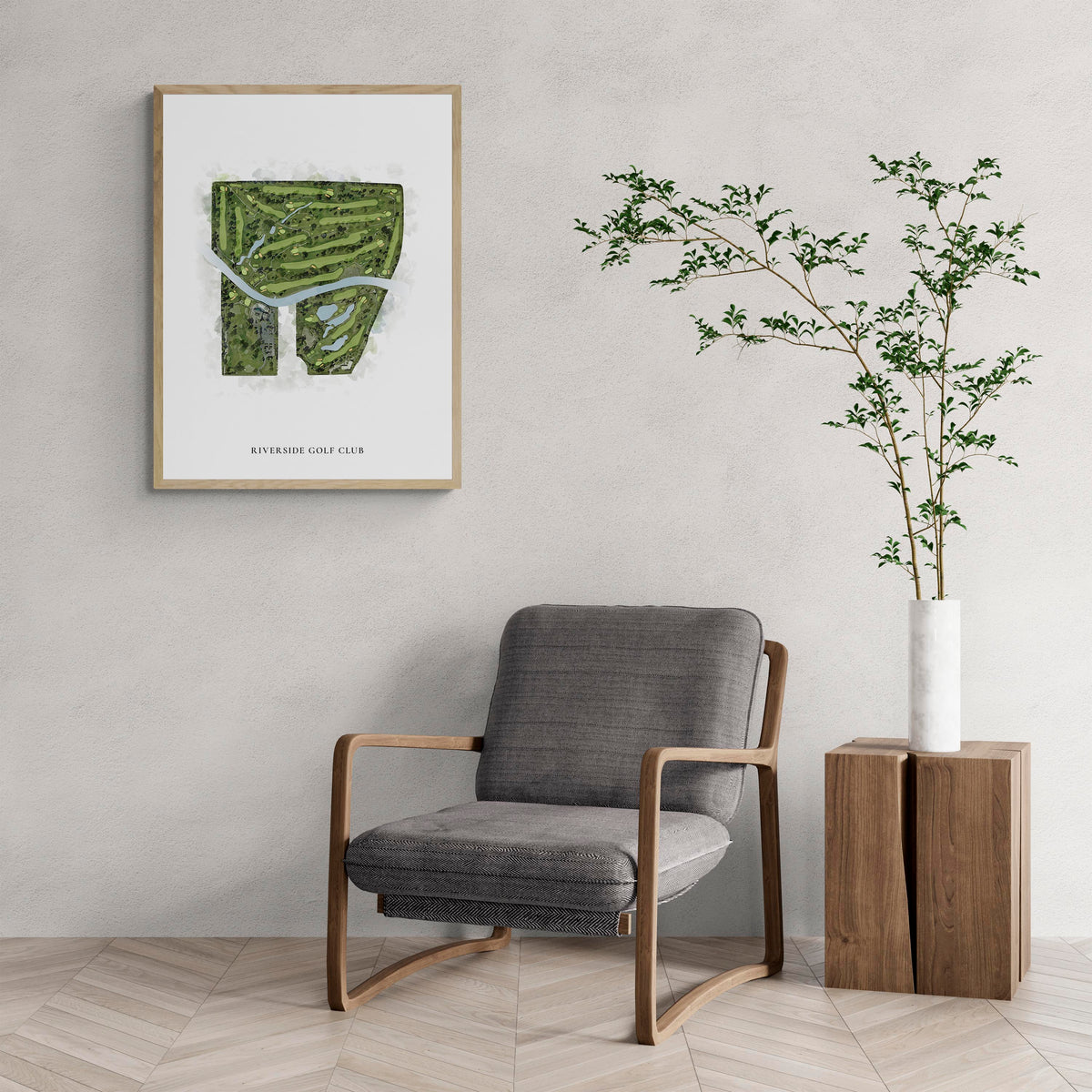 Classic Map of Riverside Golf Club with a comfy armchair and large plant