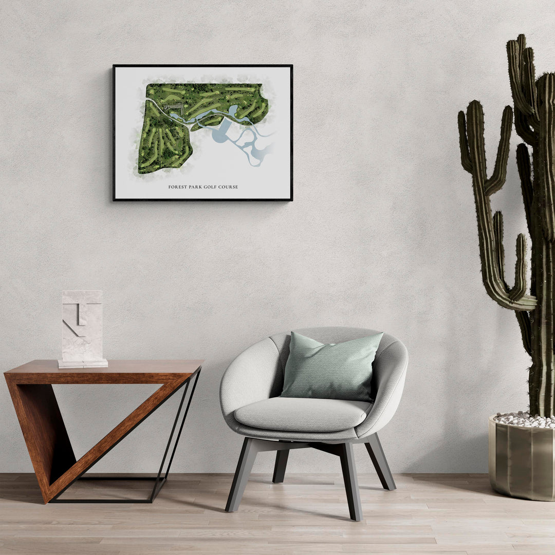 Classic Map of Forest Park Golf Course in a living room with large cactus plant