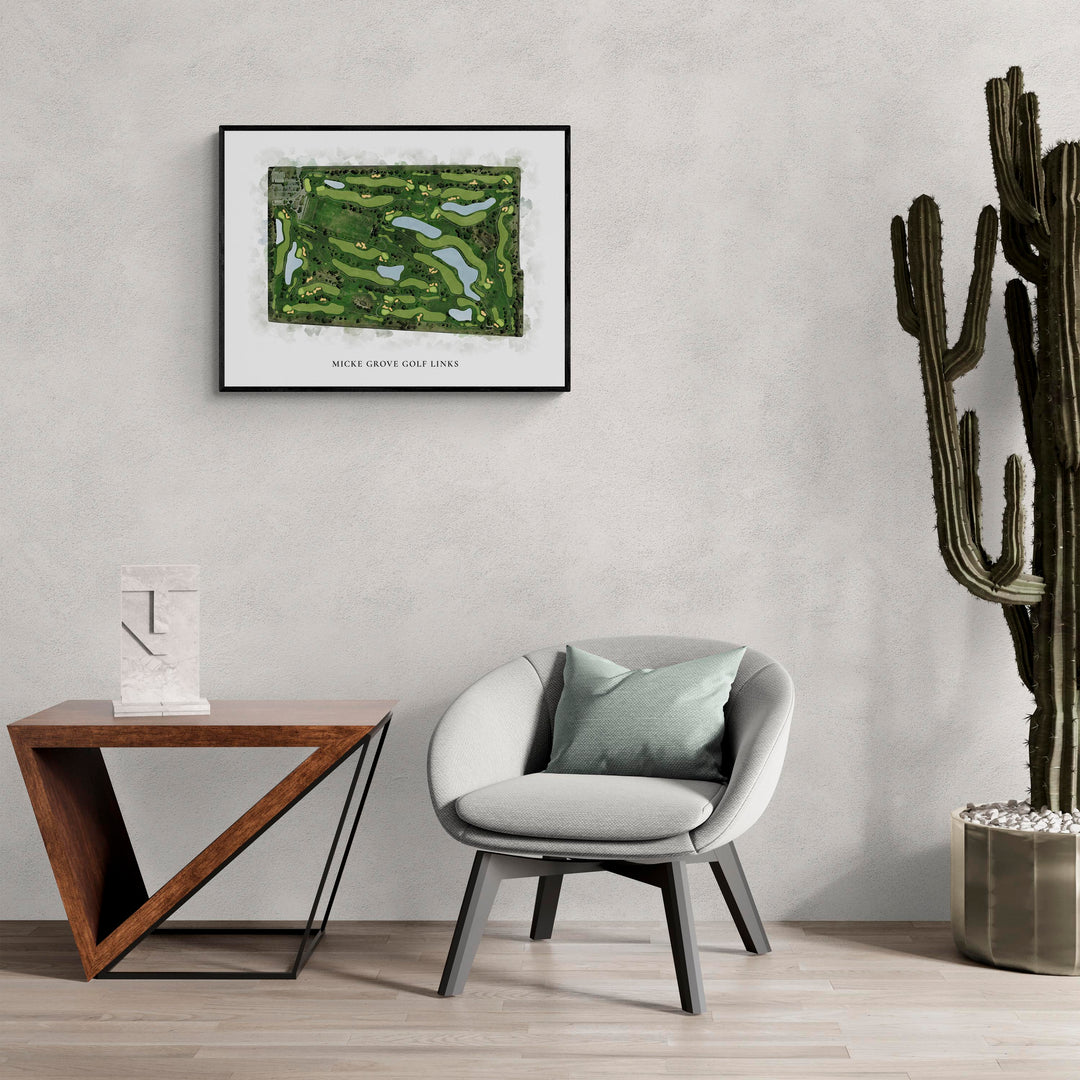 Classic Map of Micke Grove Golf Links in a living room with large cactus plant