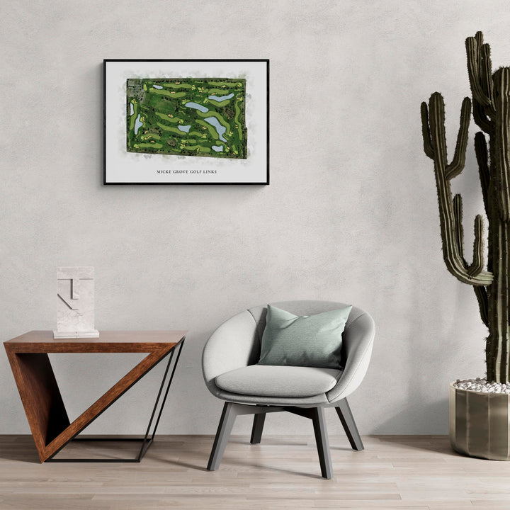 Classic Map of Micke Grove Golf Links in a living room with large cactus plant