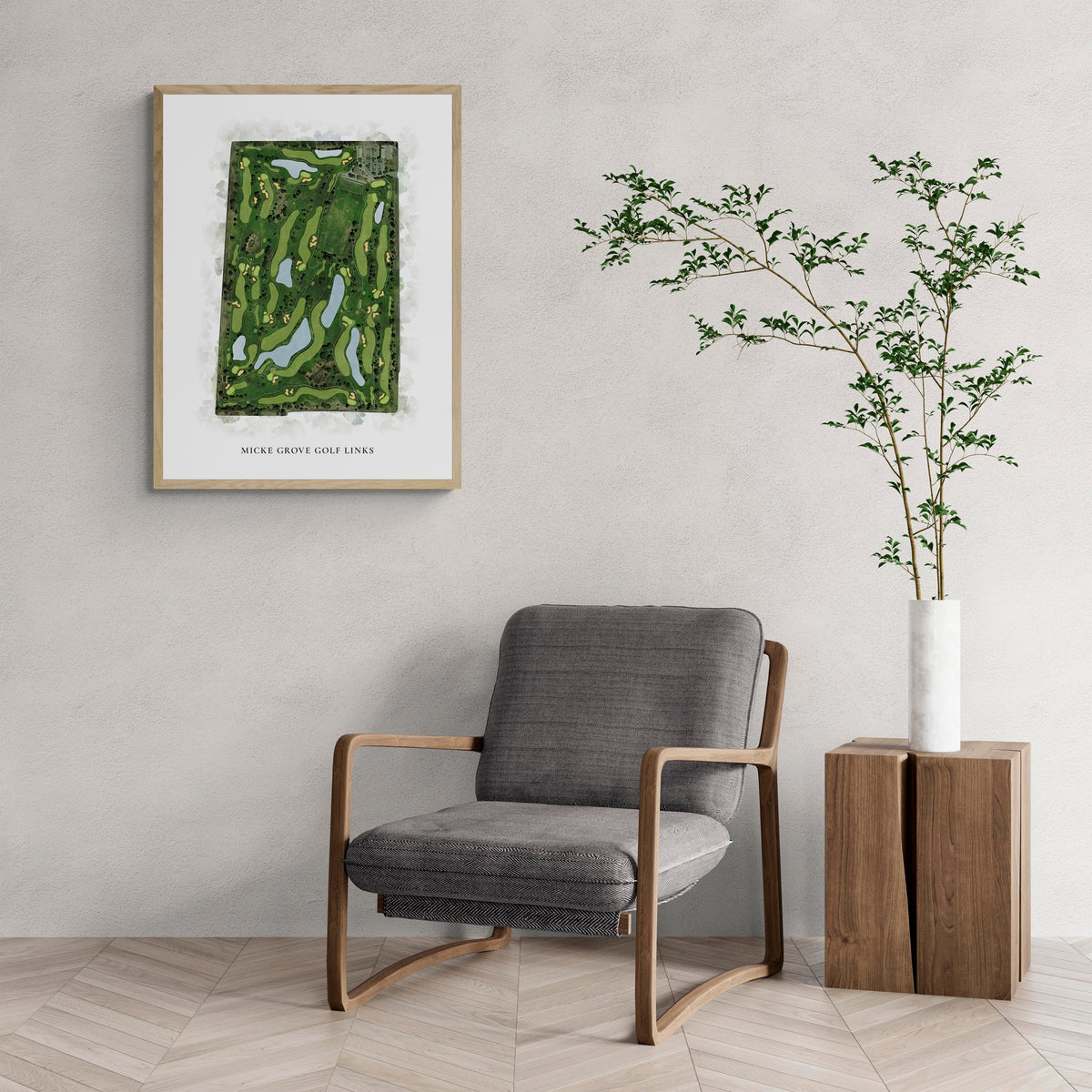 Classic Map of Micke Grove Golf Links with a comfy armchair and large plant