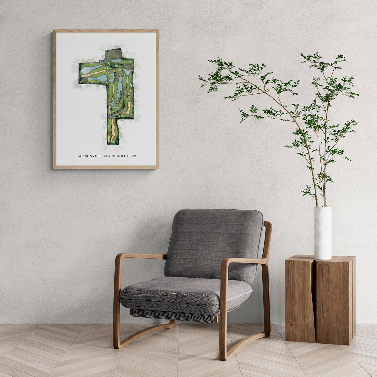 Classic Map of Jacksonville Beach Golf Club with a comfy armchair and large plant